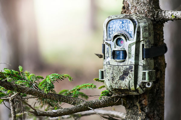 Eine Wildkamera in Tarnfarben die an einem Baum befestigt ist
