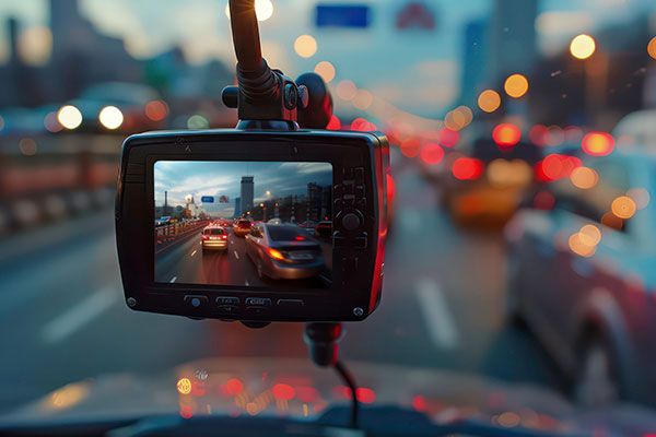 Nahaufname einer Dashcam welche die Strasse filmt