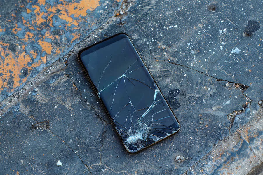 Handy mit kaputtem Display liegt auf dem Asphalt