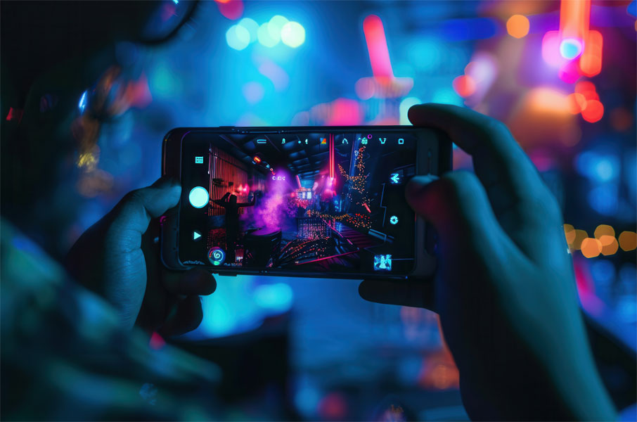 Mit einem Smartphone wird ein Foto in einem Club mit bunten Lichtern und Nebel gemacht