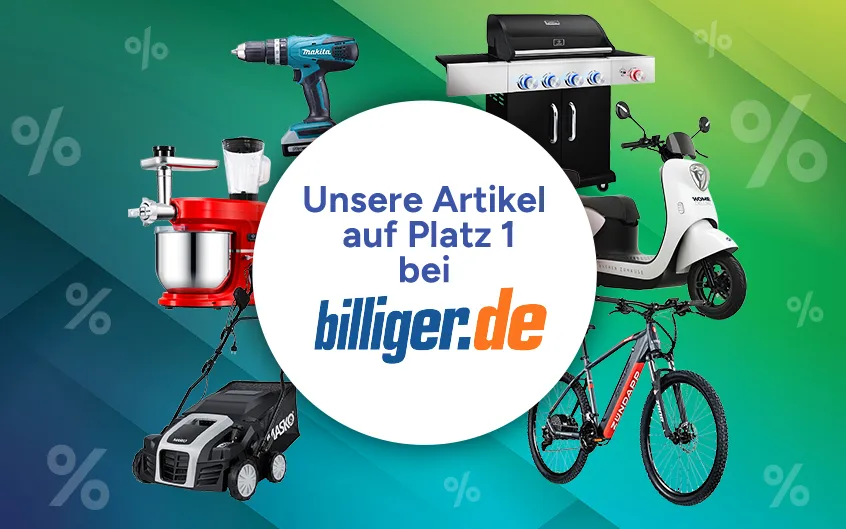 Artikel auf Platz 1 bei billiger.de mit Produkten wie Bohrmaschine, Grill und E-Bike.