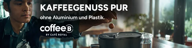 Kaffeegenuss pur ohne Aluminium und Plastik. Logo der Marke CoffeeB.