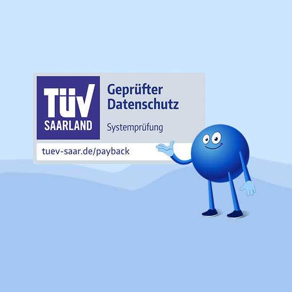TÜV Saarland Siegel für geprüften Datenschutz mit Systemprüfung, daneben ein lächelndes blaues Maskottchen.