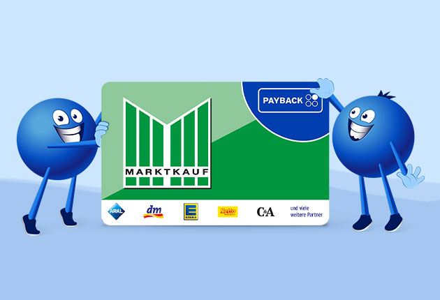 Zwei blaue Payback-Figuren halten eine grüne Marktkauf-Payback-Karte mit Partnerlogos.