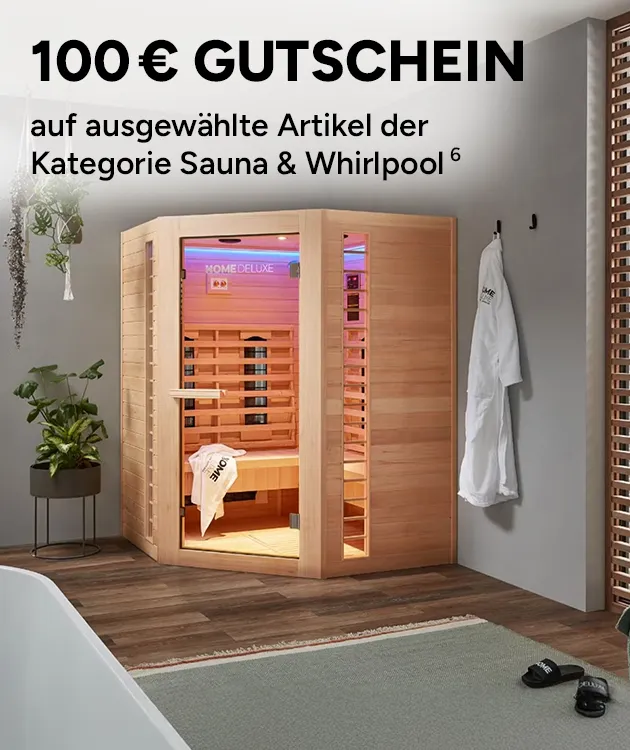 100 Euro Gutschein auf ausgew&auml;hlte Artikel der Kategorie Sauna und Whirlpool mit Hoch 6, die auf rechtliche Hinweise verweisen.