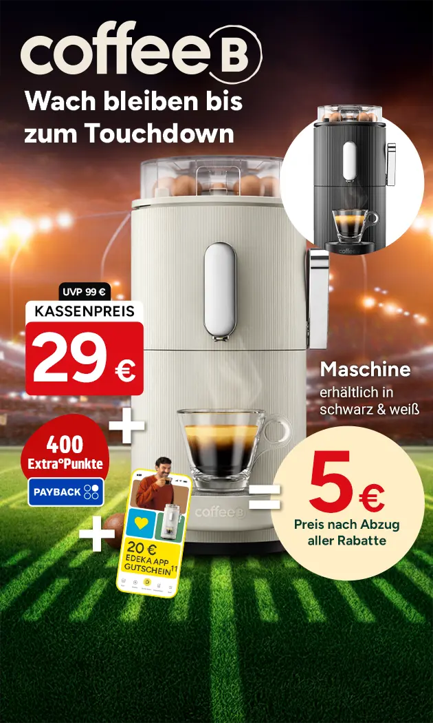 CoffeeB Maschine erh&auml;ltlich f&uuml;r 29 Euro + 20 &euro; Edeka App Gutschein geschenkt + 400 Extra Payback-Punkte = 5 Euro Preis nach Abzug aller Rabatte. Mit Hoch 11, die auf einen Rechtstext verweist.