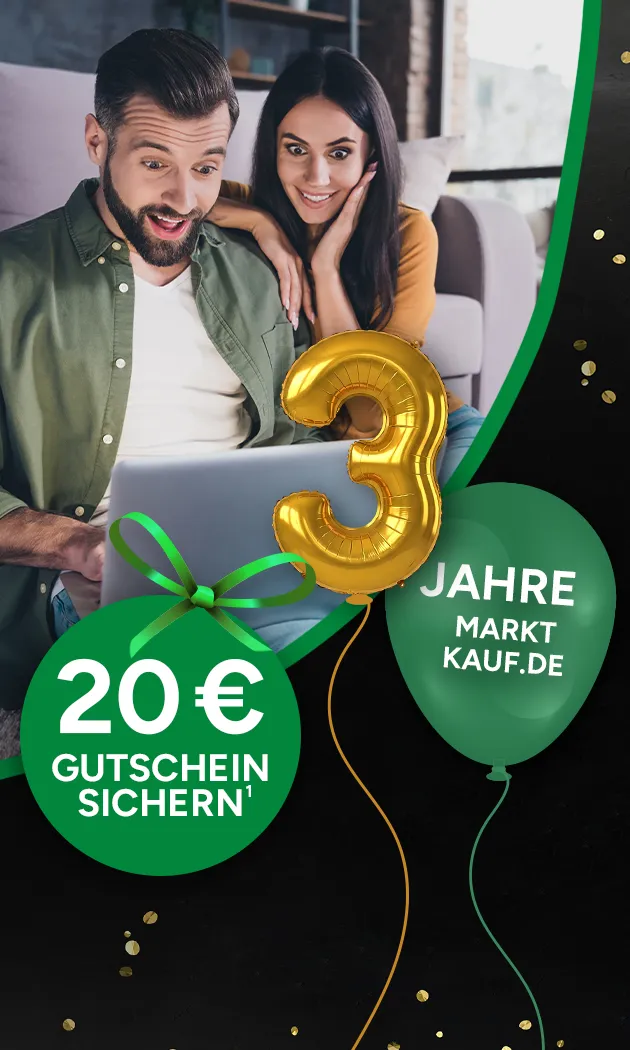 3 Jahre Marktkauf Online - 20 &euro; Gutschein sichern mit Hochzahl.