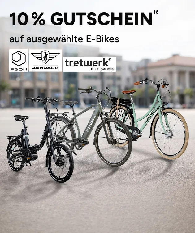 10 Prozent Gutschein auf ausgew&auml;hlte E-Bikes mit Hoch 16, die auf einen Rechtstext verweist.