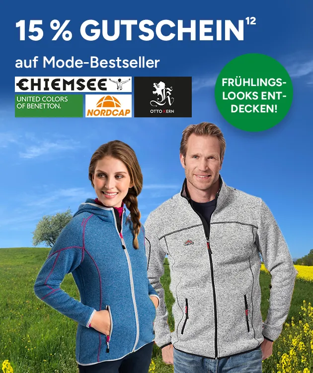 Fr&uuml;hlingslooks entdecken &ndash; 15% Gutschein auf ausgew&auml;hlte Mode bei Marktkauf Online, mit Hochzahl 12, die auf rechtliche Hinweise verweist. 