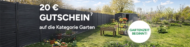 20 Euro Gutschein auf die Kategorie Garten. Mit Hoch 7, die auf rechtliche Hinweise verweist. Gartenzeit beginnt