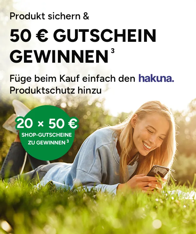 Produkt sichern und 50 Euro Gutschein gewinnen. F&uuml;ge beim Kauf einfach den Hakuna Produktschutz hinzu. Habe die Chance einen von 20 50 &euro; Shop-Gutscheine zu gewinnen. Mit Hoch 3, die auf einen Rechtstext verweist.
