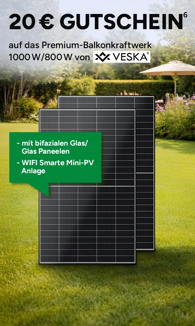 20 &euro; Gutschein auf das Premium-Balkonkraftwerk von Veska. Gutschein mit Hochzahl 6, die auf rechtliche Hinweise verweist. Jetzt sparen bei Marktkauf Online.