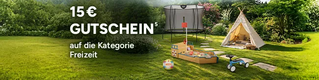 15 Euro Gutschein auf die Kategorie Freizeit. Mit Hoch 5, die auf einen Rechtstext verweist.