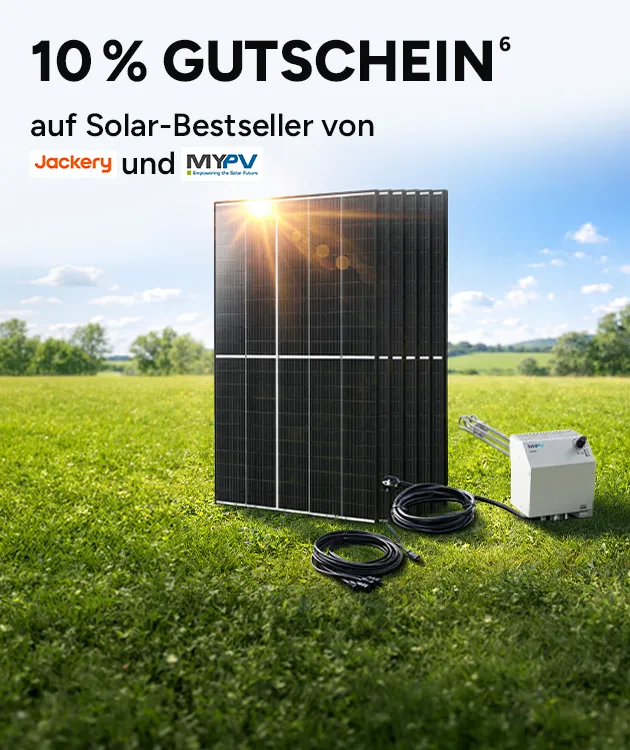 10 Prozent Gutschein auf Solar-Bestseller von Jackery und MYPV. Mit Hoch 6, die auf einen Rechtstext verweist.