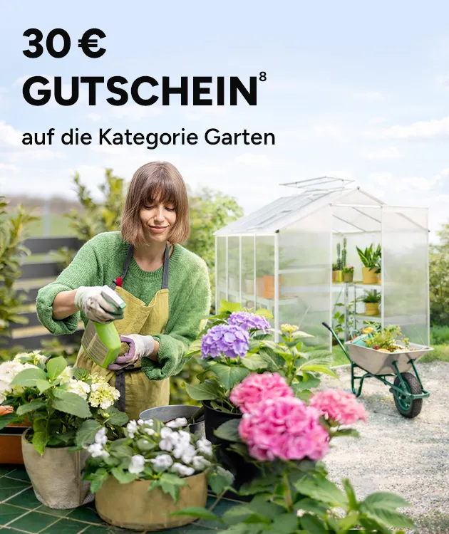 30 Euro Gutschein auf die Kategorie Garten. Mit Hoh 8, die auf einen rechtlichen Hinweis verweist.