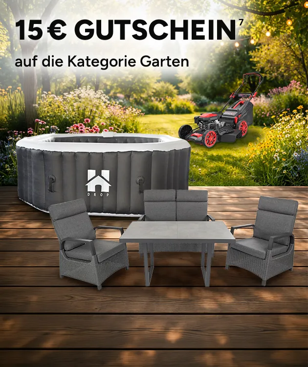 15&euro; Gutschein auf die Kategorie Garten mit einer Hochzahl 7, die auf rechtliche Hinweise verweist.