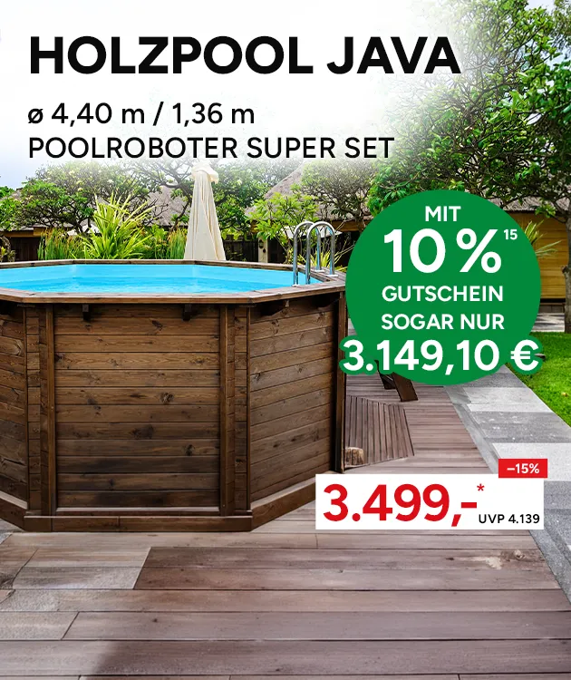 Holzpool Java mit 4,4 m durchmesser und 1,36 meter h&ouml;he. Pooroboter Super Set. Mit 10 Prozent Gutschein nur 3.419,10 &euro;. Mit Hoch 15, die auf einen Rechtstext hinweist.
