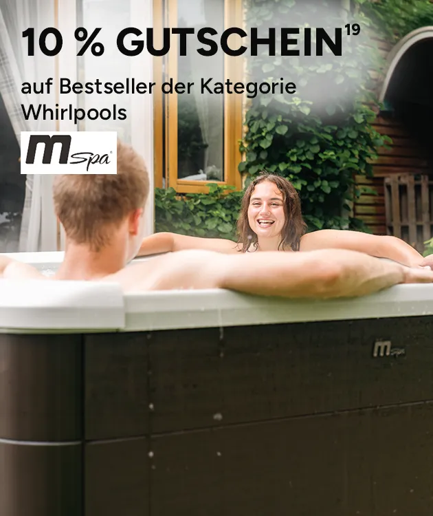 10 Prozent Gutschein auf Whirlpool-Bestseller von MSpa. Mit Hoch 19, die auf einen Rechtstext verweist.