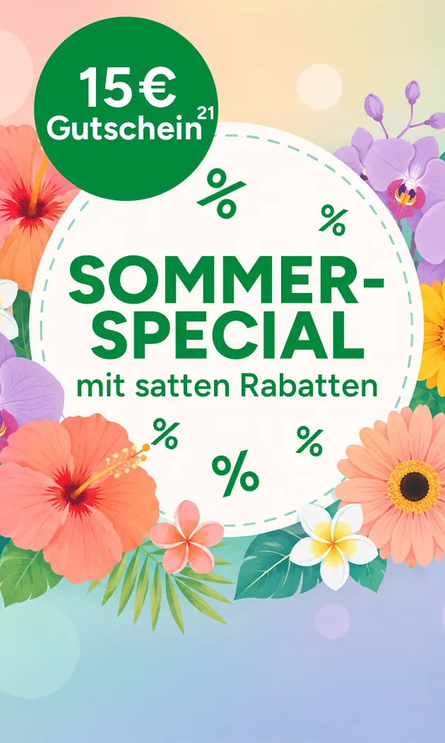 15 &euro; Gutschein. Sommer Special mit satten Rabatten. Mit Hoch 21, die auf einen Rechtstext verweist.