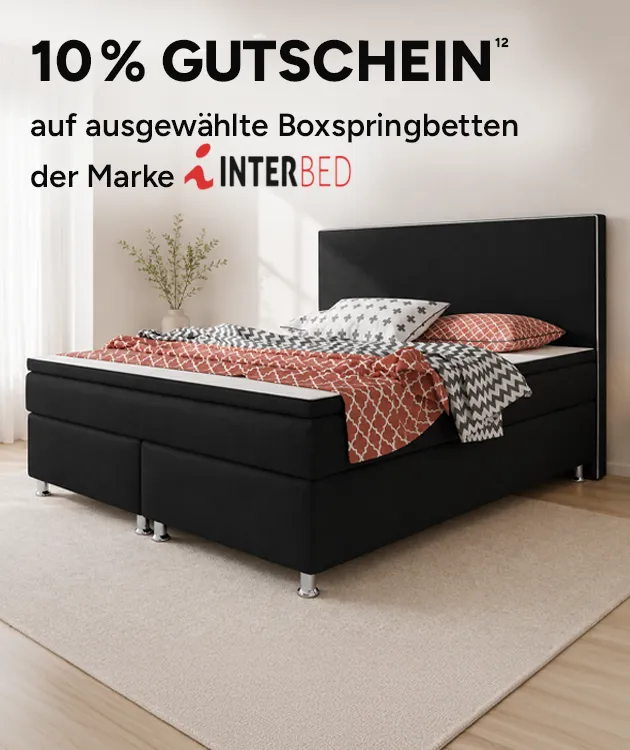 10 Prozent Gutschein auf ausgew&auml;hlte Boxspringbetten der Marke InterBed. Mit Hoch 12, die auf einen Rechtstext verweist.