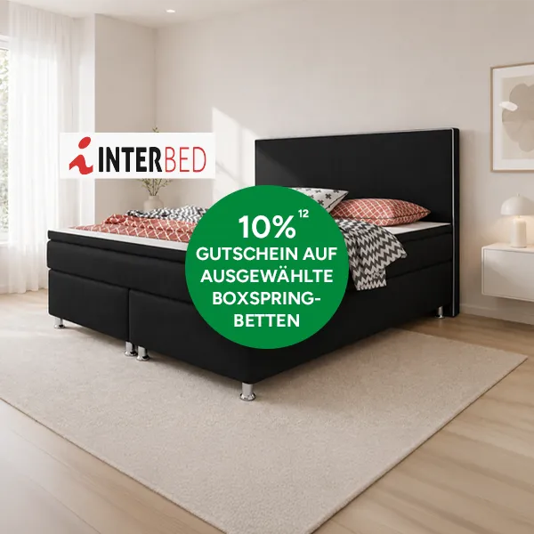 10 % Gutschein auf ausgew&auml;hlte Boxspringbetten mit Hochzahl 12 die auf rechtliche Hinweise verweist.