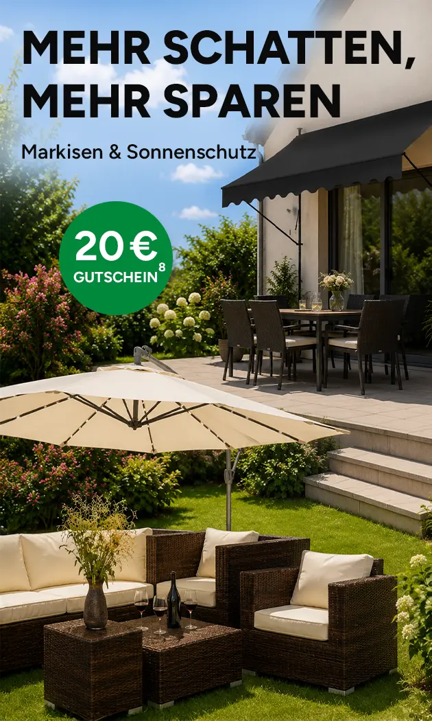 20&euro; Gutschein auf Markisen und Sonnenschutz mit Hochzahl 8, die auf rechtliche Hinweise verweist. Jetzt sparen f&uuml;r mehr Schatten bei Marktkauf Online.