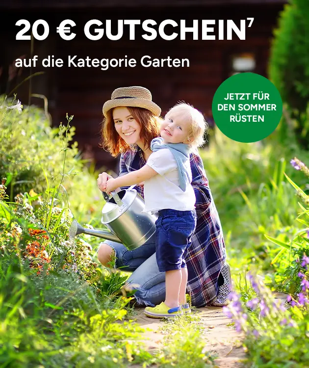 20 &euro; Gutschein auf die Kategorie Garten. Gutschein mit Hochzahl 7, die auf rechtliche Hinweise verweist. Jetzt sparen f&uuml;r den Sommer bei Marktkauf Online.