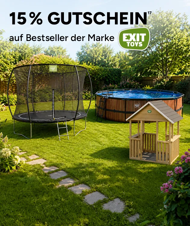 15 Prozent Gutschein auf Bestseller der Marke ExitToys. Mit Hoch 17, die auf einen Rechtstext verweist. Sparen bei Marktkauf Online!
