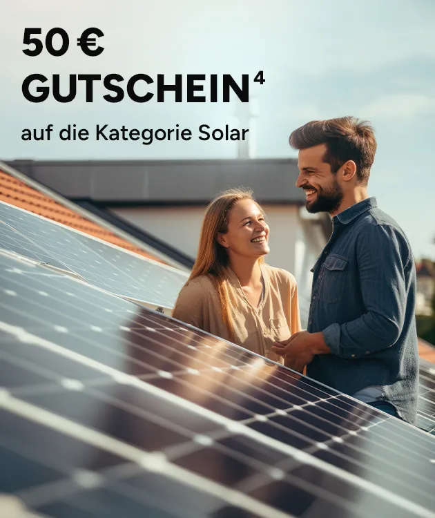 50 Euro Gutschein auf die Kategorie Solar. Mit Hoch 4, die auf einen Rechtstext verweist.
