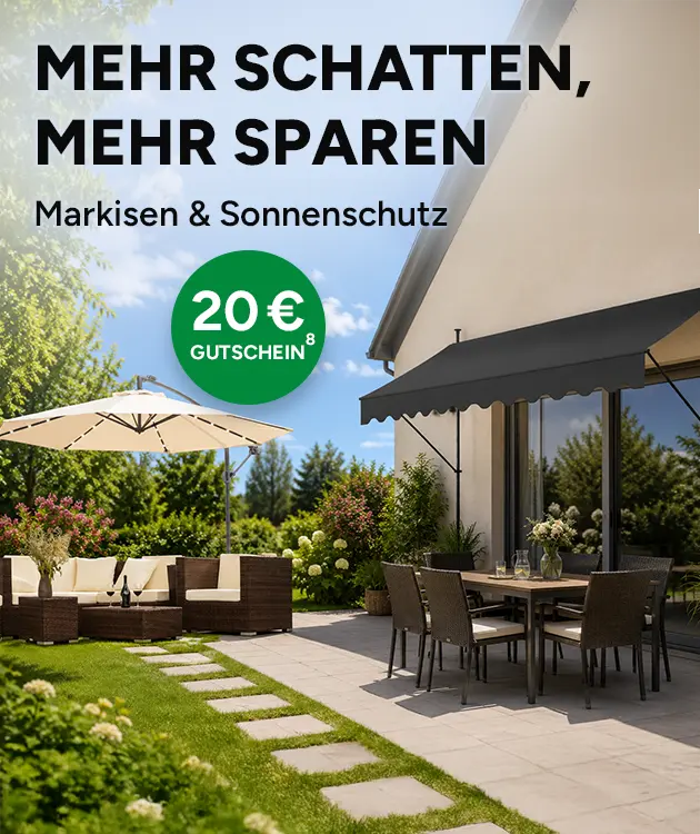 20 &euro; Rabatt auf die Kategorie Markisen & Sonnenschutz mit Hochzahl Acht, die auf rechtliche Hinweise verweist bei Marktkauf.