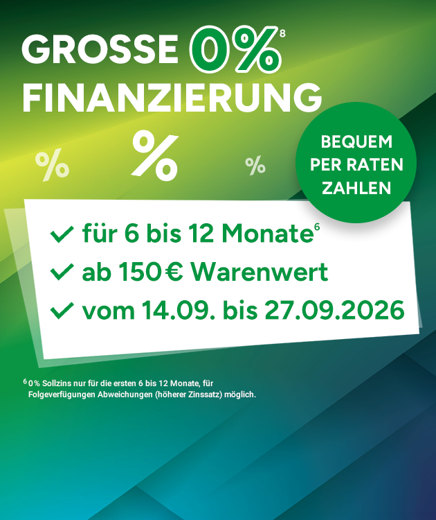 0% Finanzierung bei Marktkauf f&uuml;r 6-12 Monate, ab 150&euro; Warenwert bis zum 27.09. mit Hochzahl 6 und 8, die auf rechtliche Hinweise verweist. Jetzt sparen bei Marktkauf Online.