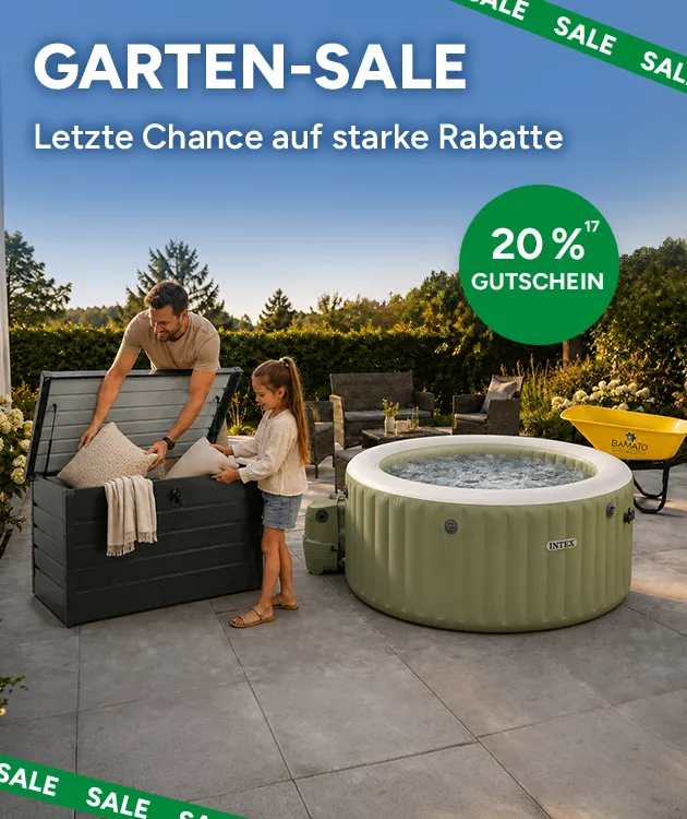 Garten-Sale - Letzte Chance auf starke Rabatte und 20% Gutschein sichern. Mit Hochzahl 17, die auf einen Rechtstext im Footer verweist.