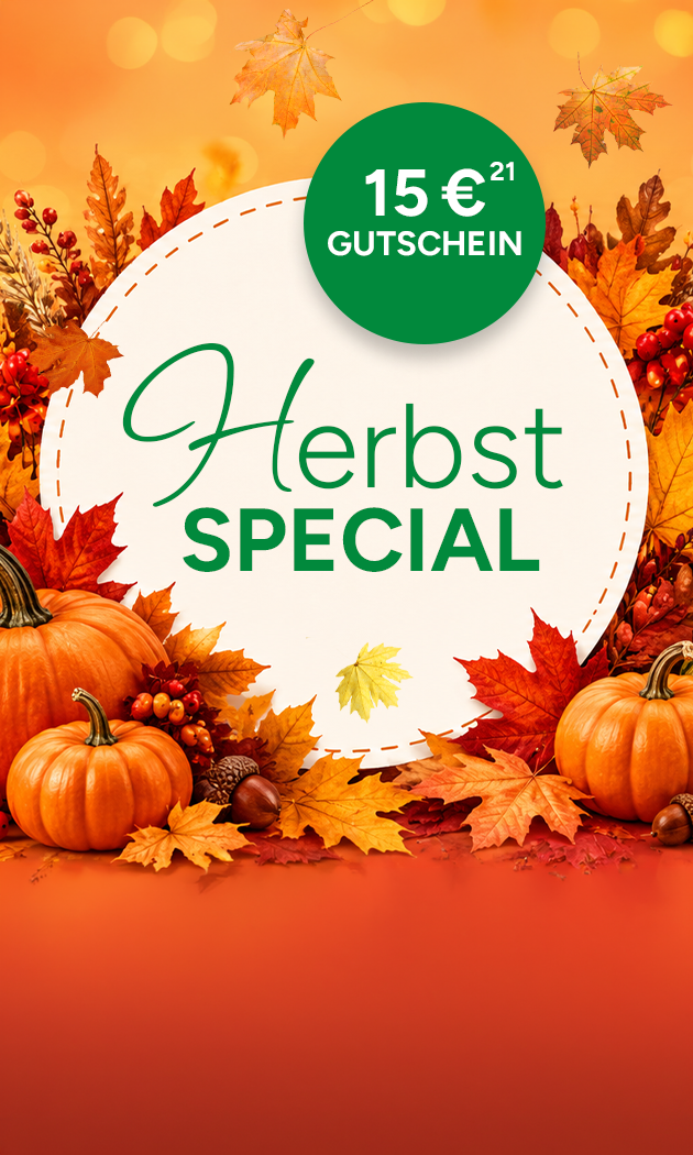 Herbst-Special - 15 &euro; Gutschein mit Hochzahl 21, die auf rechtliche Hinweise im Footer verweist