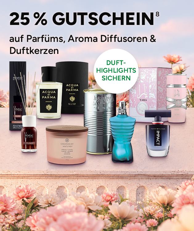 25% Gutschein auf Parf&uuml;ms, Aroma Diffsoren & Duftkerzen, mit Hochzahl 8, die auf rechtliche Hinweise im Footer verweist